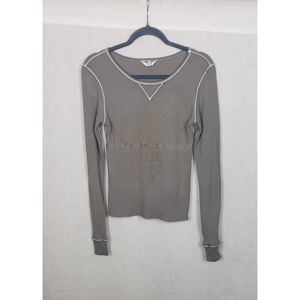 Hard Tail Forever Thermal Waffle Knit Top Gray Gold Graphic Floral M Boho Grunge